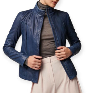 Overland Azura Navy Blue Lamb Leather Zip Up Coat Jacket